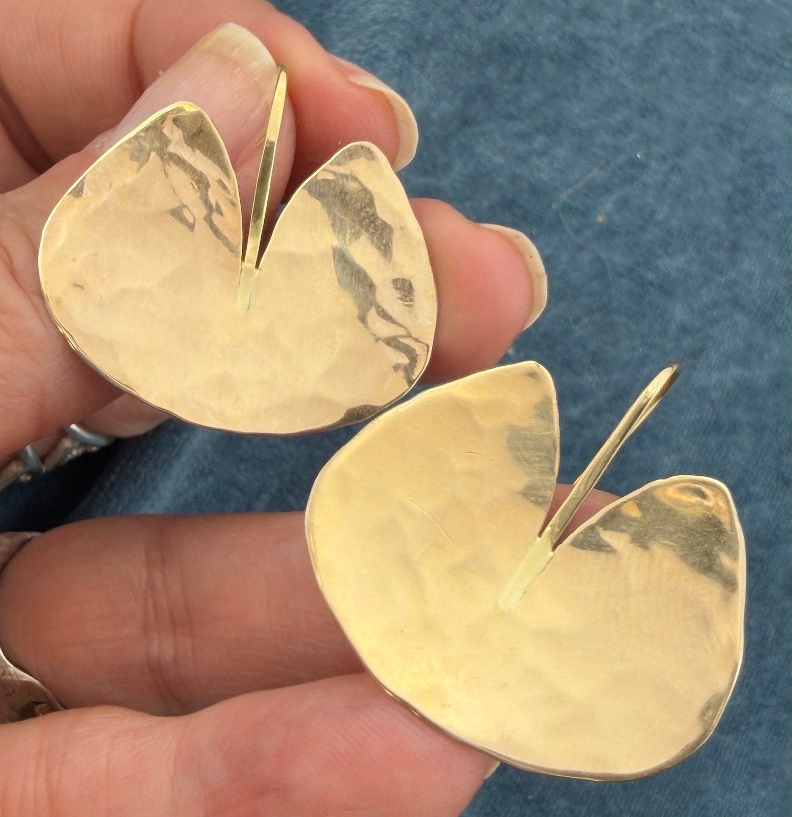 14k Gold + 925 Ed LEVIN Lily Pad Earrings. Hammered 1" 6g *Video*