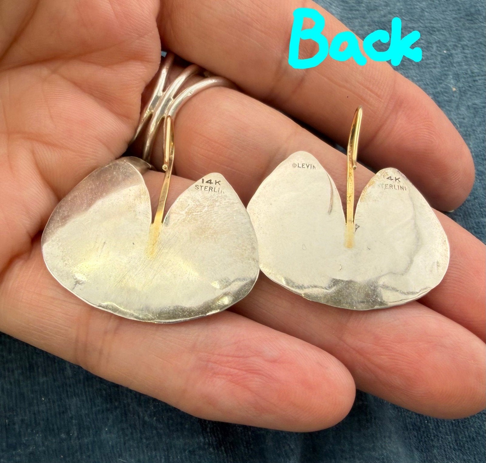 14k Gold + 925 Ed LEVIN Lily Pad Earrings. Hammered 1" 6g *Video*