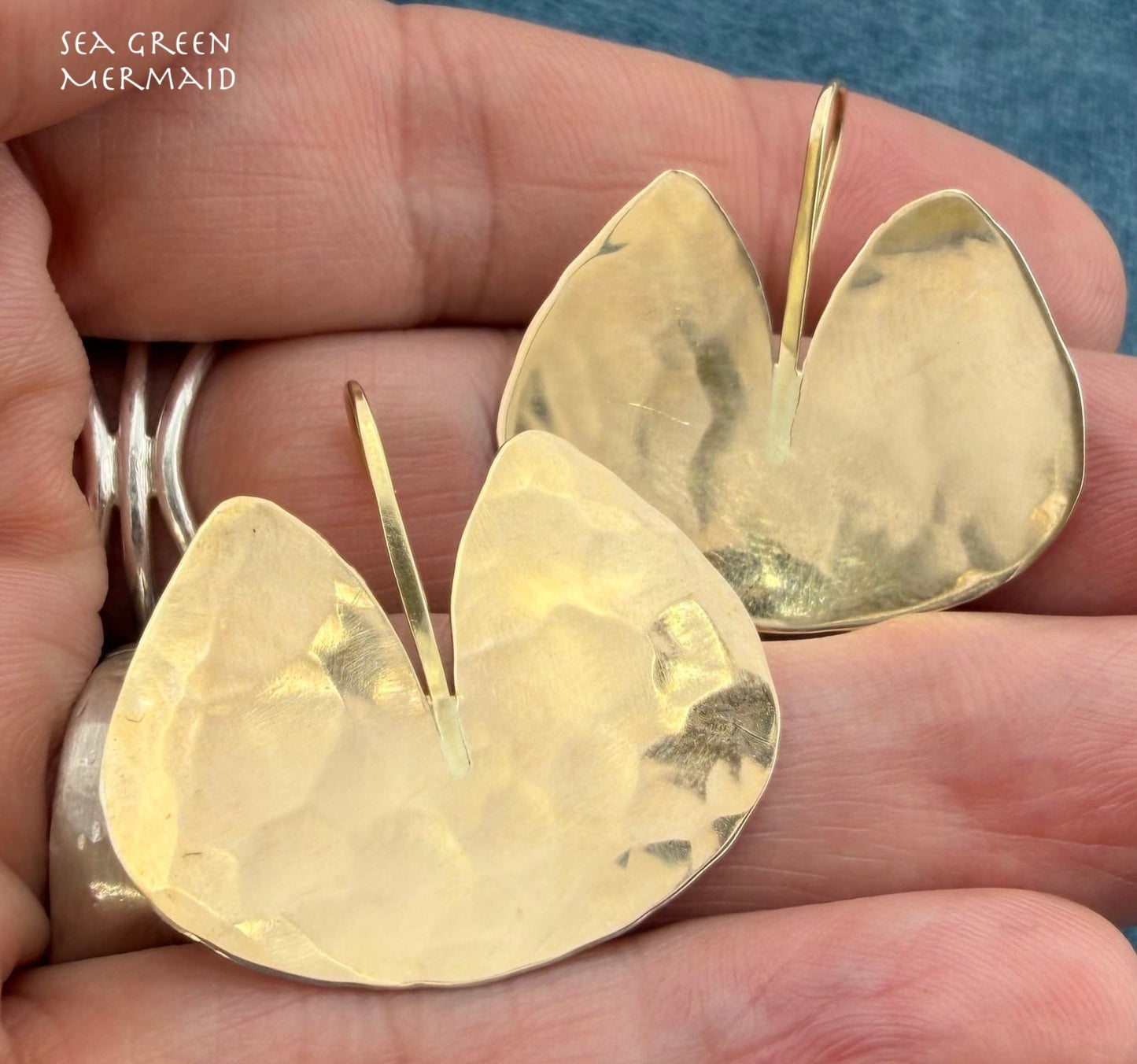 14k Gold + 925 Ed LEVIN Lily Pad Earrings. Hammered 1" 6g *Video*