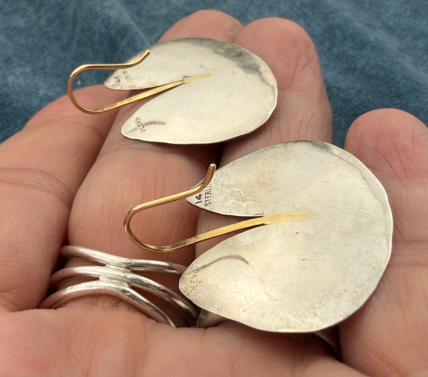 14k Gold + 925 Ed LEVIN Lily Pad Earrings. Hammered 1" 6g *Video*