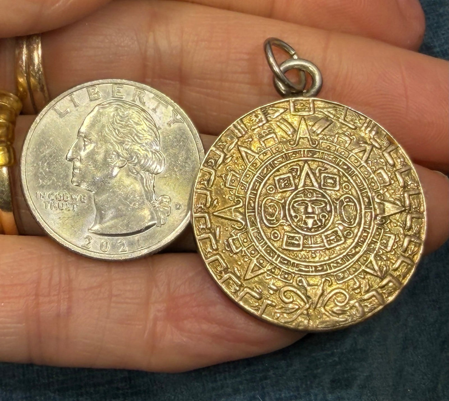 14k Gold + 925 Mayan Aztec Calendar Medallion Pendant. 25g + 1.5"