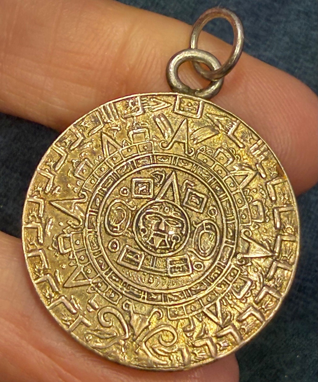 14k Gold + 925 Mayan Aztec Calendar Medallion Pendant. 25g + 1.5"
