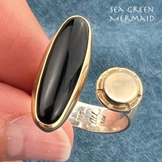 14k Gold & 925 Onyx + Moonstone Modern Open Ring. Designer