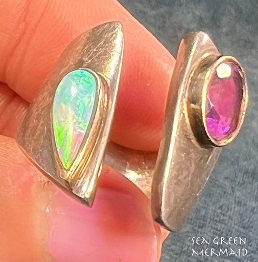 14k Gold & 925 Opal + Amethyst Modern Wide Open Band Ring. 1"+ 15g