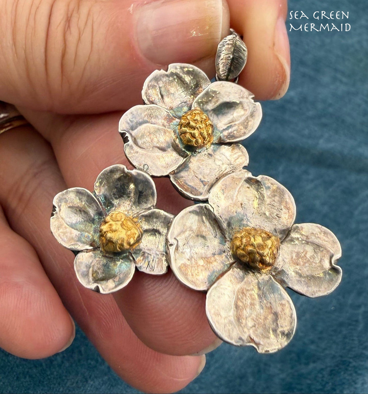 14k Gold + 925 Silver Cherry Blossoms Pendant. 1.6" + 5g