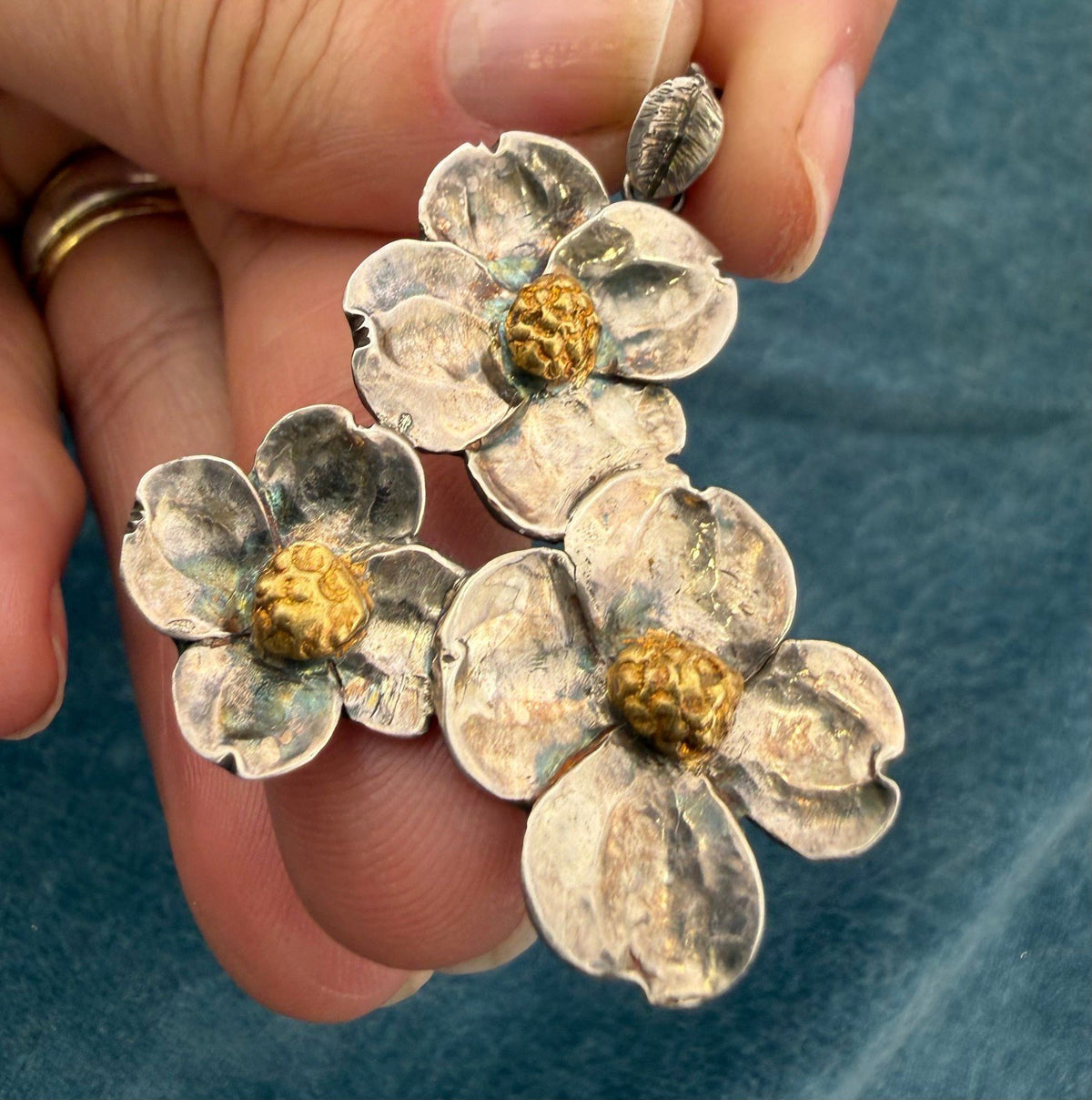 14k Gold + 925 Silver Cherry Blossoms Pendant. 1.6" + 5g