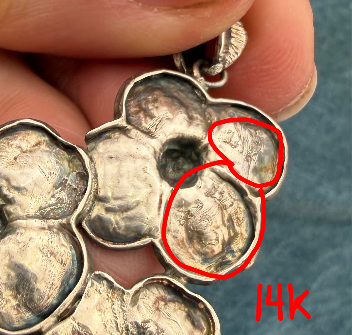 14k Gold + 925 Silver Cherry Blossoms Pendant. 1.6" + 5g