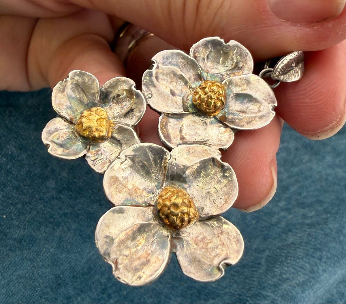 14k Gold + 925 Silver Cherry Blossoms Pendant. 1.6" + 5g