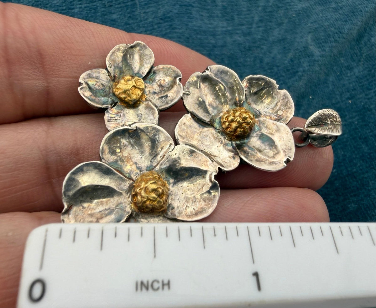 14k Gold + 925 Silver Cherry Blossoms Pendant. 1.6" + 5g