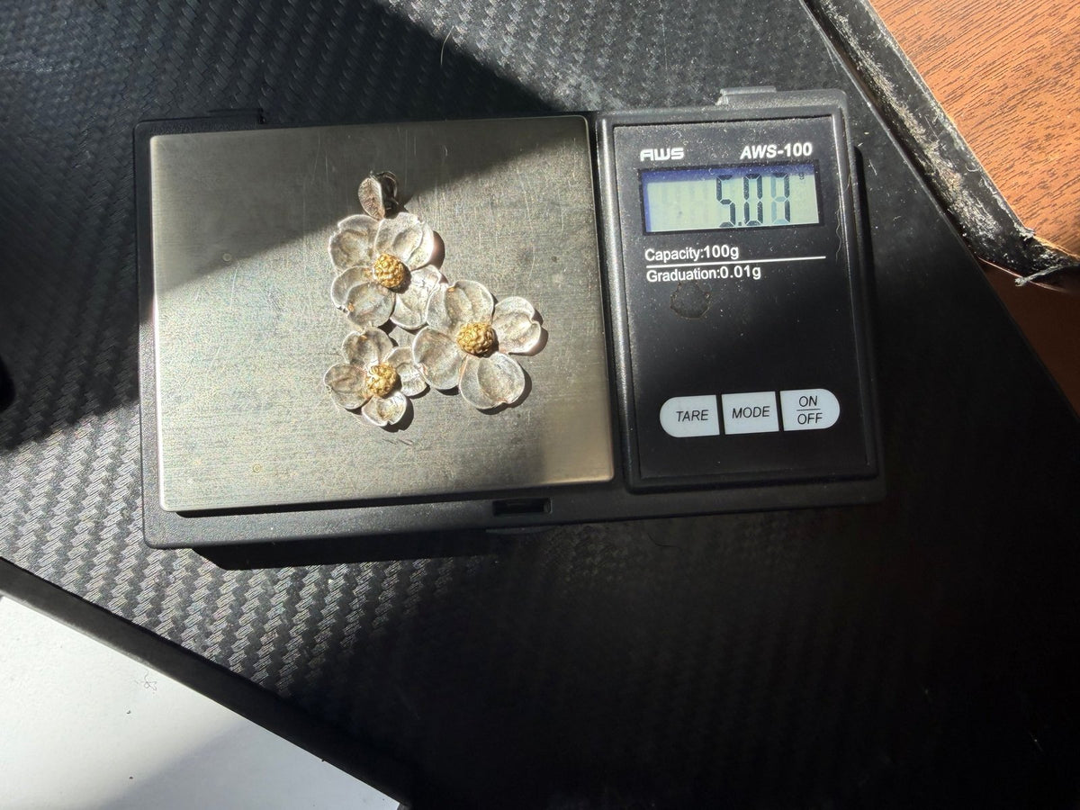 14k Gold + 925 Silver Cherry Blossoms Pendant. 1.6" + 5g