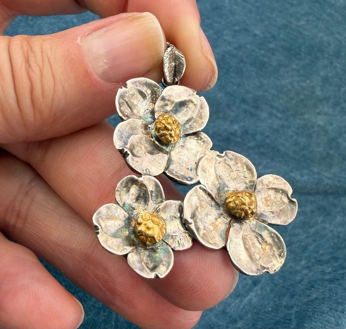 14k Gold + 925 Silver Cherry Blossoms Pendant. 1.6" + 5g