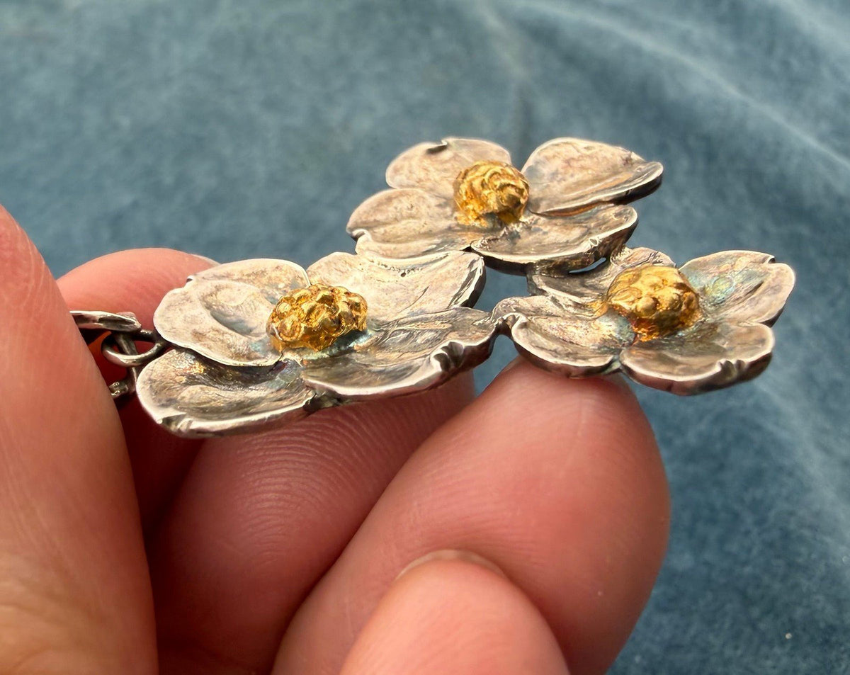 14k Gold + 925 Silver Cherry Blossoms Pendant. 1.6" + 5g