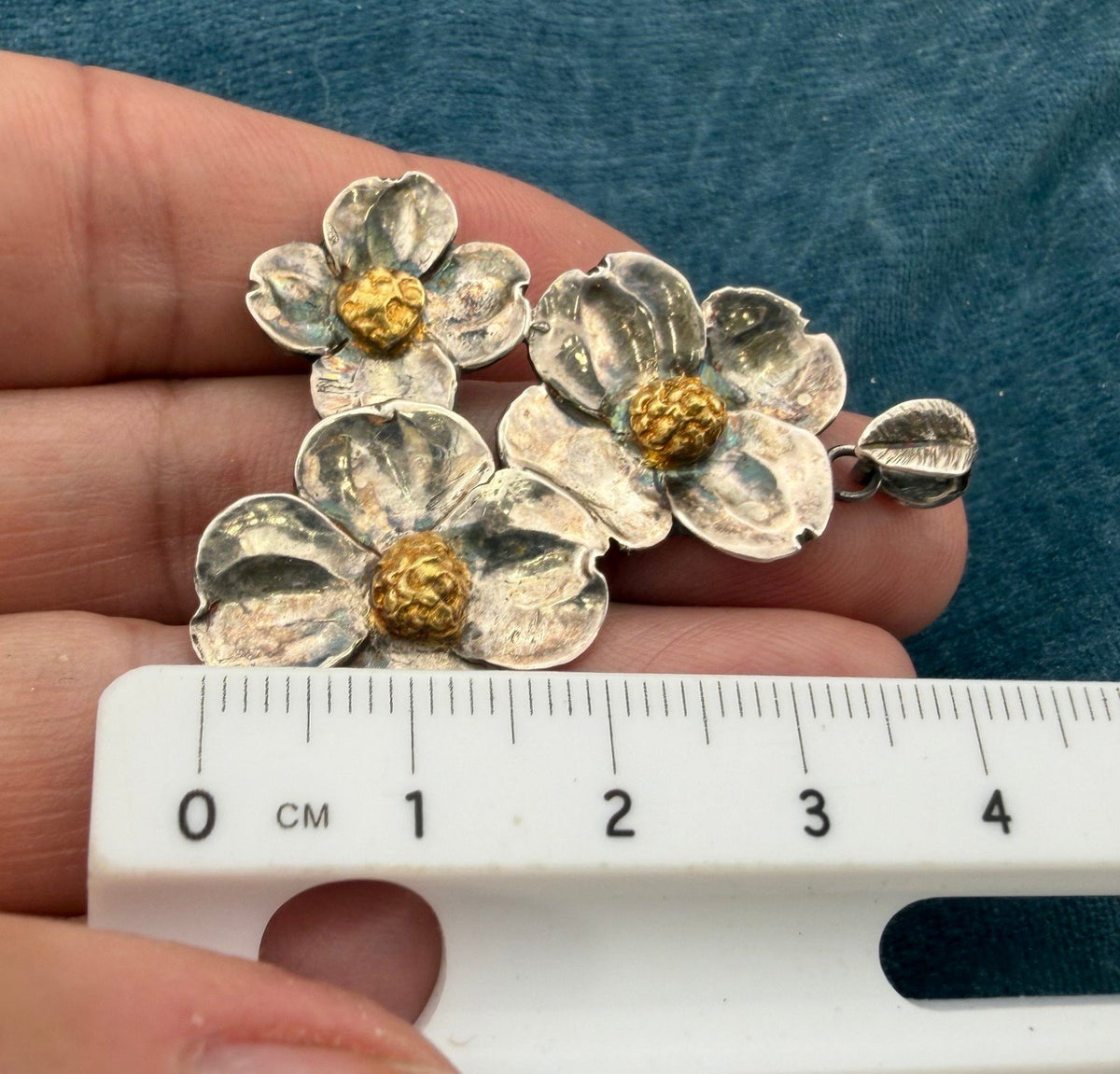 14k Gold + 925 Silver Cherry Blossoms Pendant. 1.6" + 5g