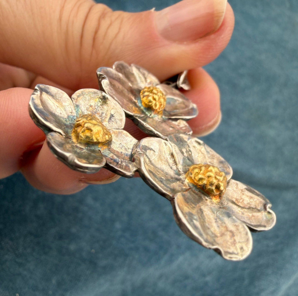 14k Gold + 925 Silver Cherry Blossoms Pendant. 1.6" + 5g
