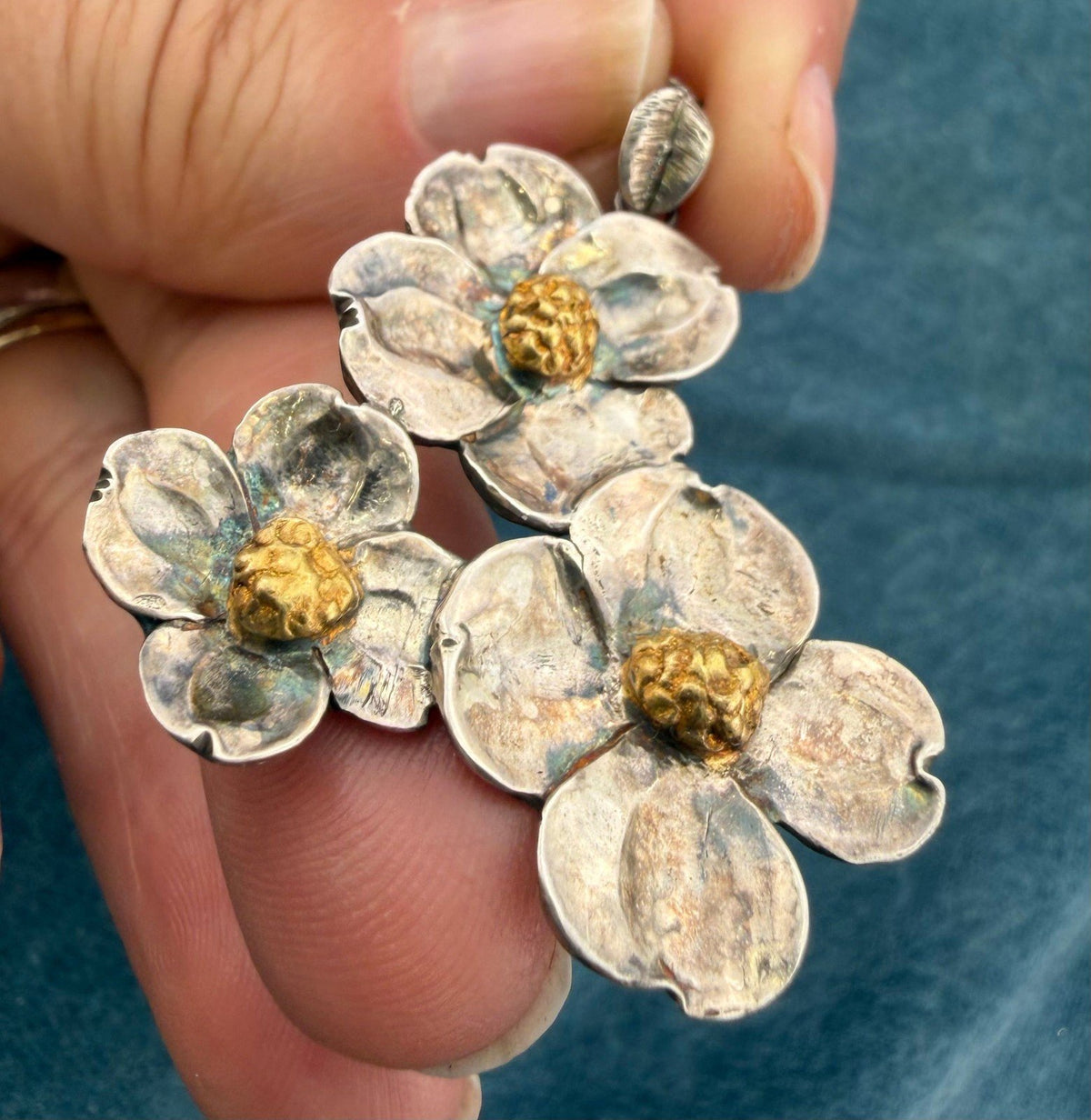 14k Gold + 925 Silver Cherry Blossoms Pendant. 1.6" + 5g