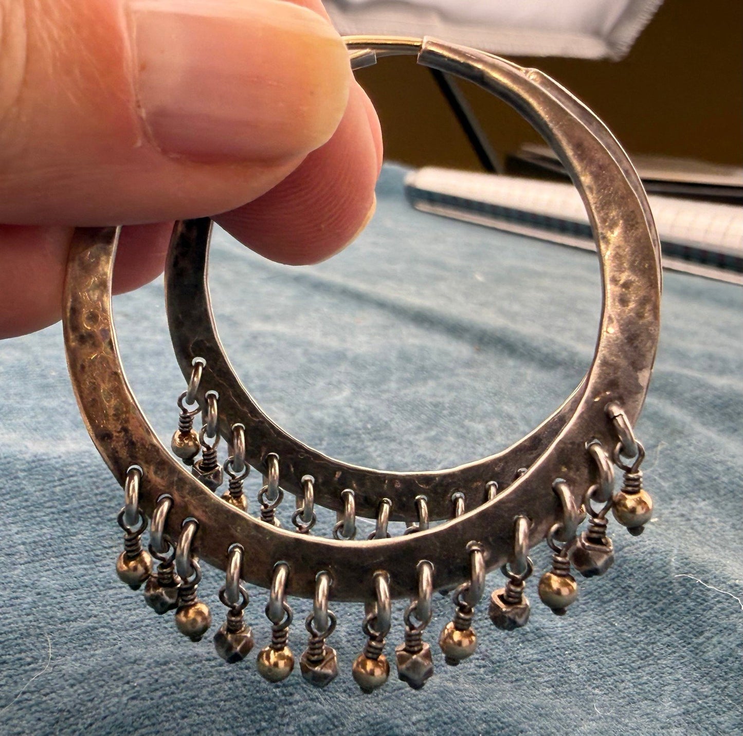 14k Gold + 925 Silver Hoop Earrings w Dangling Fringe. 1.75" *Video*
