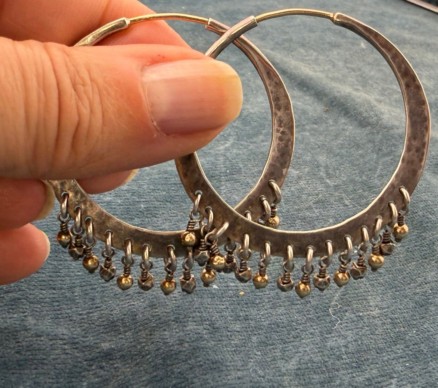 14k Gold + 925 Silver Hoop Earrings w Dangling Fringe. 1.75" *Video*