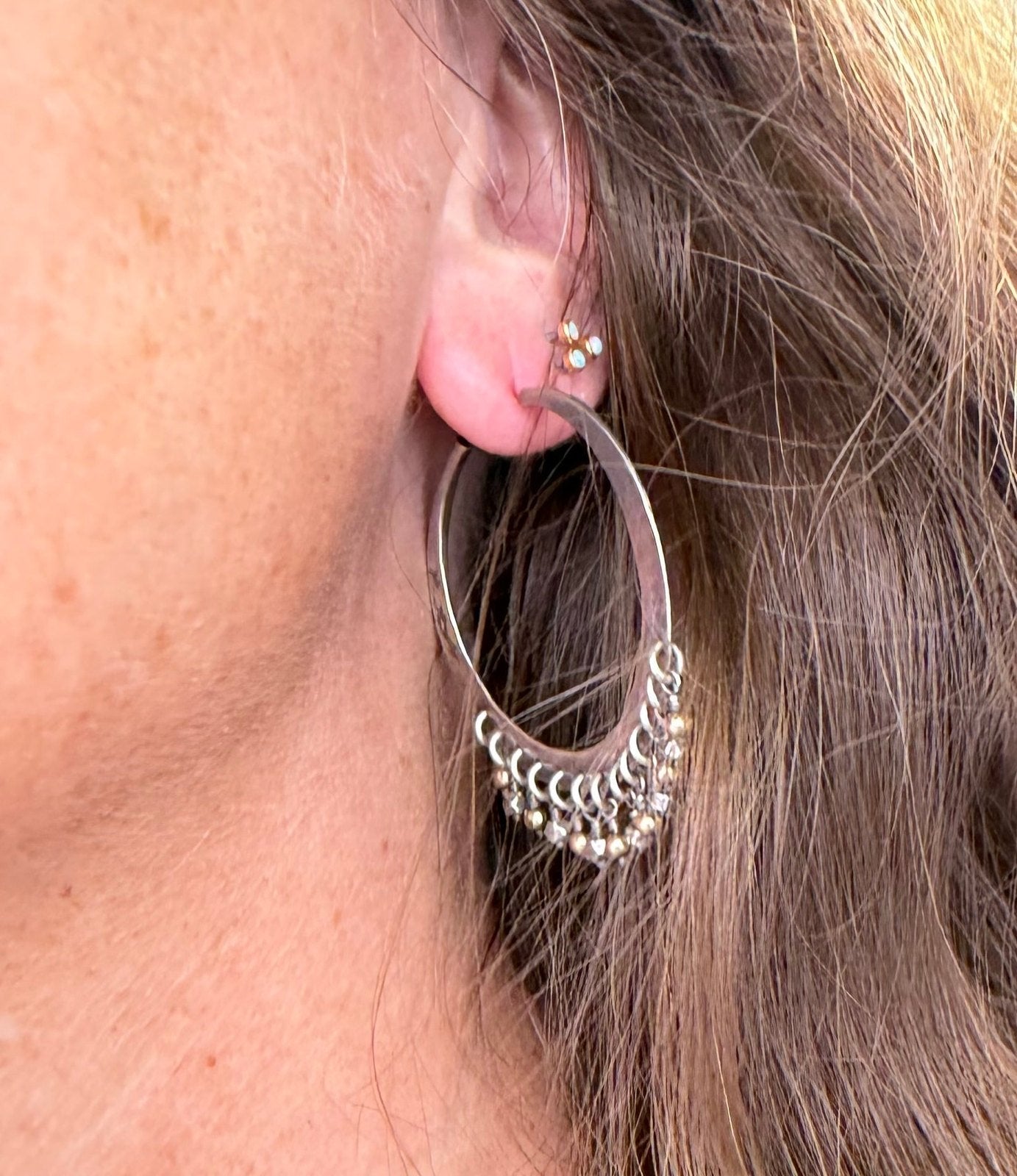 14k Gold + 925 Silver Hoop Earrings w Dangling Fringe. 1.75" *Video*