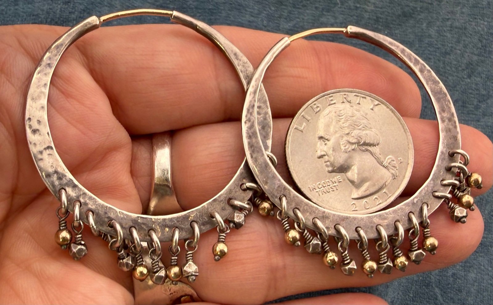 14k Gold + 925 Silver Hoop Earrings w Dangling Fringe. 1.75" *Video*