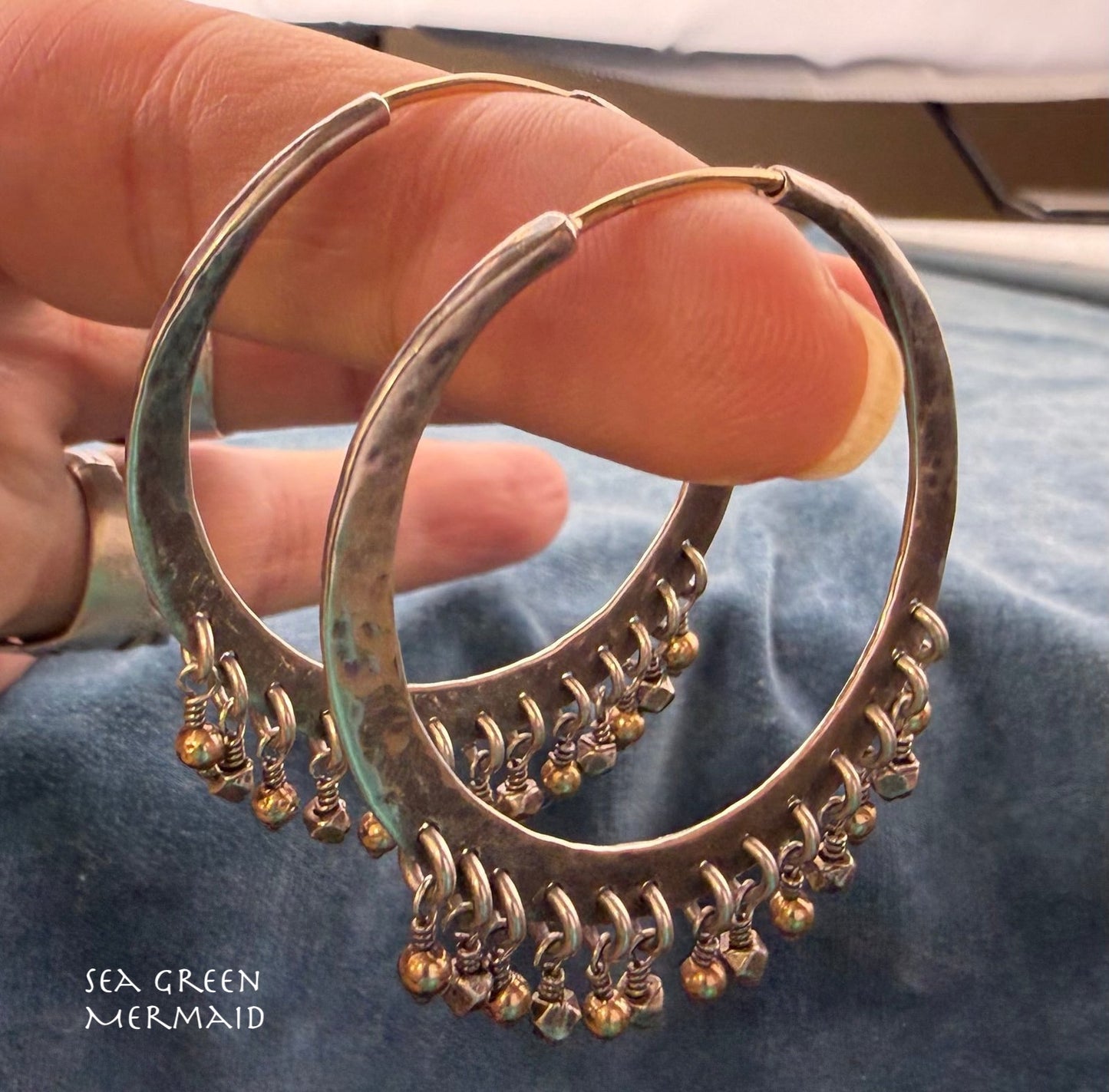 14k Gold + 925 Silver Hoop Earrings w Dangling Fringe. 1.75" *Video*