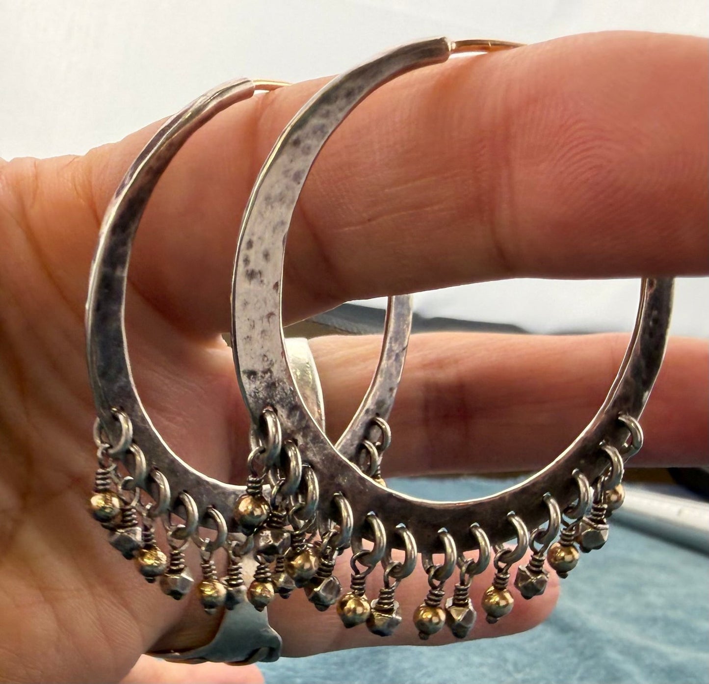 14k Gold + 925 Silver Hoop Earrings w Dangling Fringe. 1.75" *Video*