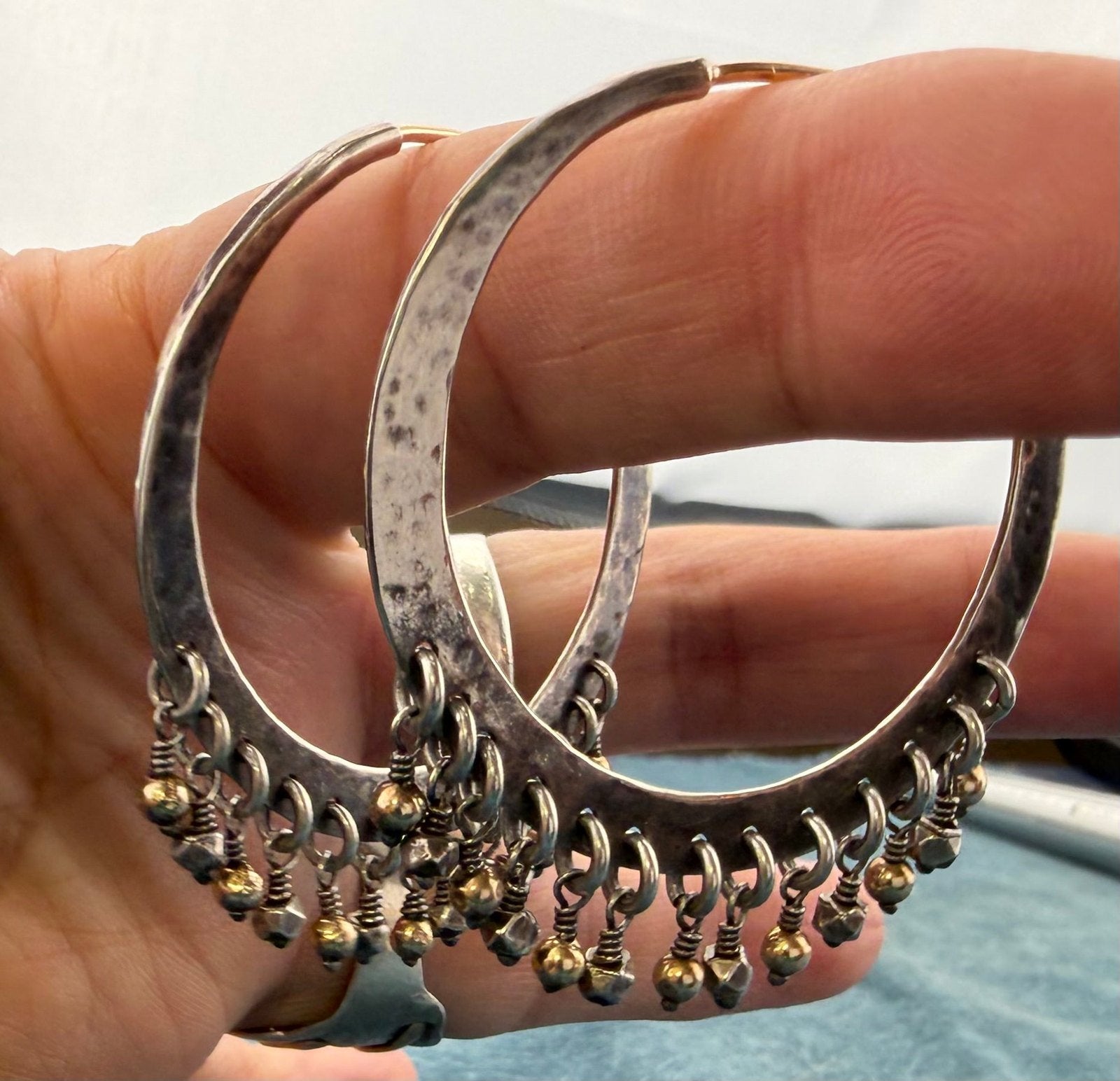 14k Gold + 925 Silver Hoop Earrings w Dangling Fringe. 1.75" *Video*