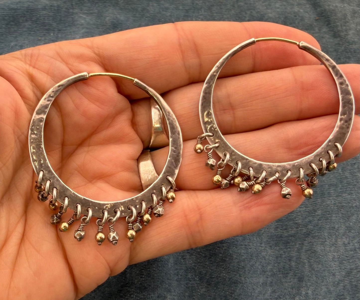 14k Gold + 925 Silver Hoop Earrings w Dangling Fringe. 1.75" *Video*
