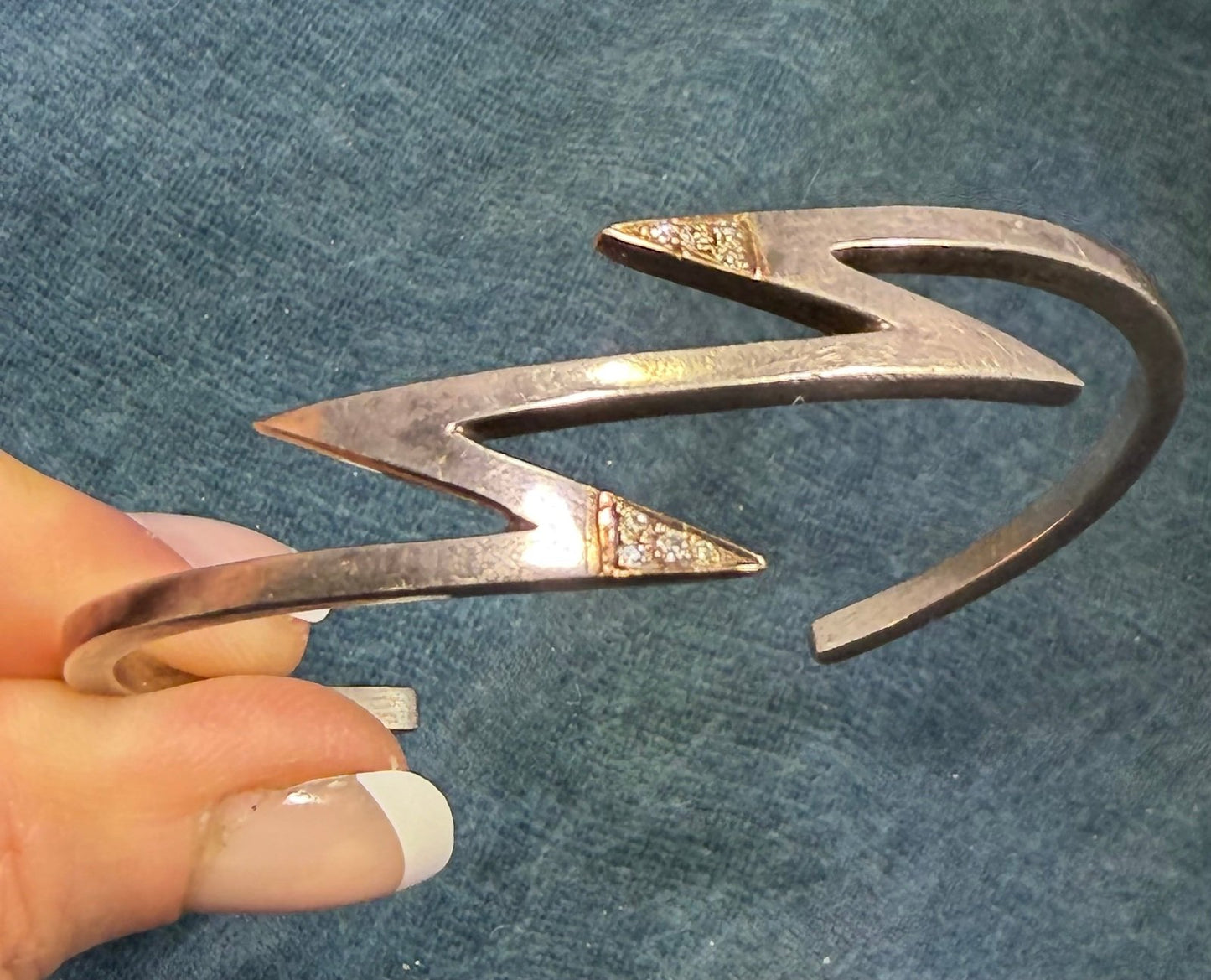 14k Gold + 925 Silver Lightning Bolts Cuff Bracelet w Diamonds