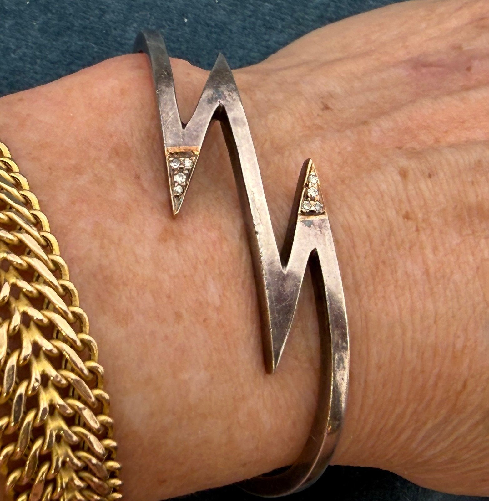 14k Gold + 925 Silver Lightning Bolts Cuff Bracelet w Diamonds