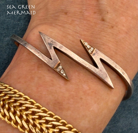 14k Gold + 925 Silver Lightning Bolts Cuff Bracelet w Diamonds