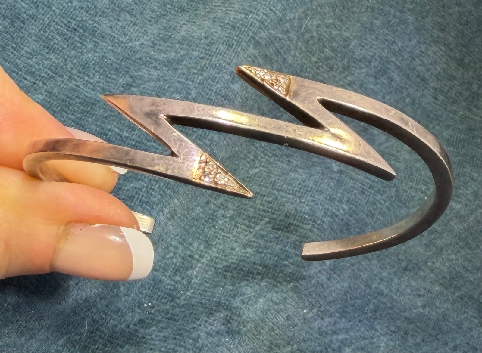 14k Gold + 925 Silver Lightning Bolts Cuff Bracelet w Diamonds