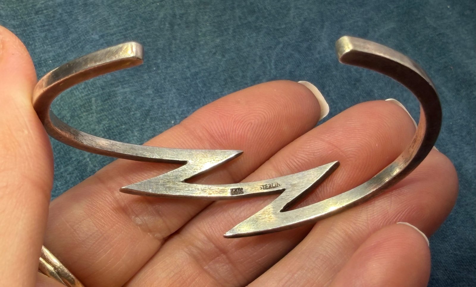 14k Gold + 925 Silver Lightning Bolts Cuff Bracelet w Diamonds
