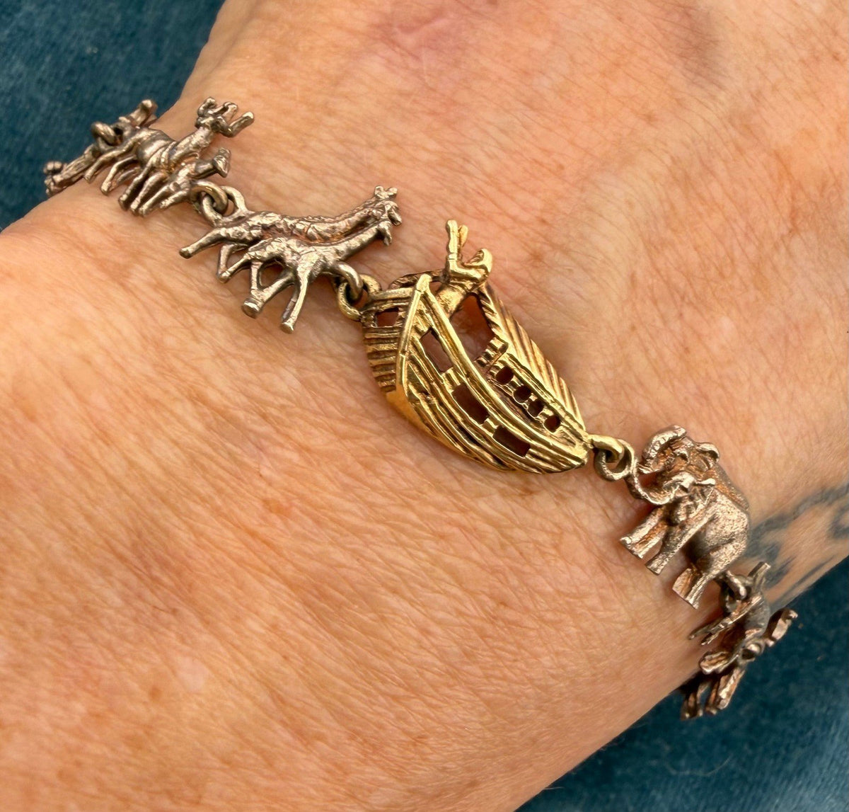 14k Gold + 925 Silver Noah's Ark Bracelet. Lions Giraffes Tigers