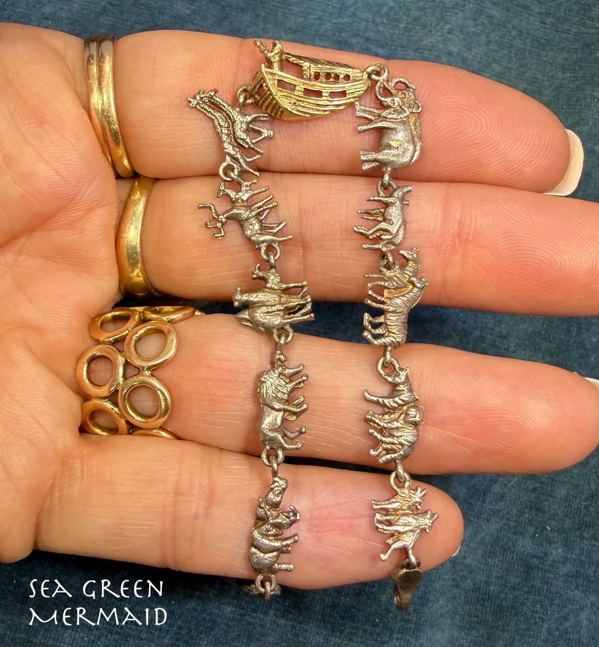 14k Gold + 925 Silver Noah's Ark Bracelet. Lions Giraffes Tigers