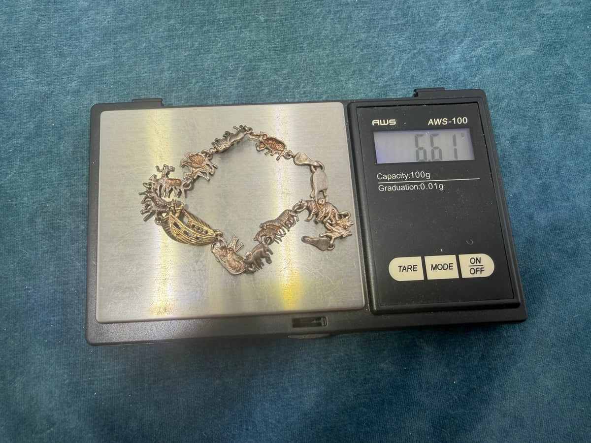 14k Gold + 925 Silver Noah's Ark Bracelet. Lions Giraffes Tigers