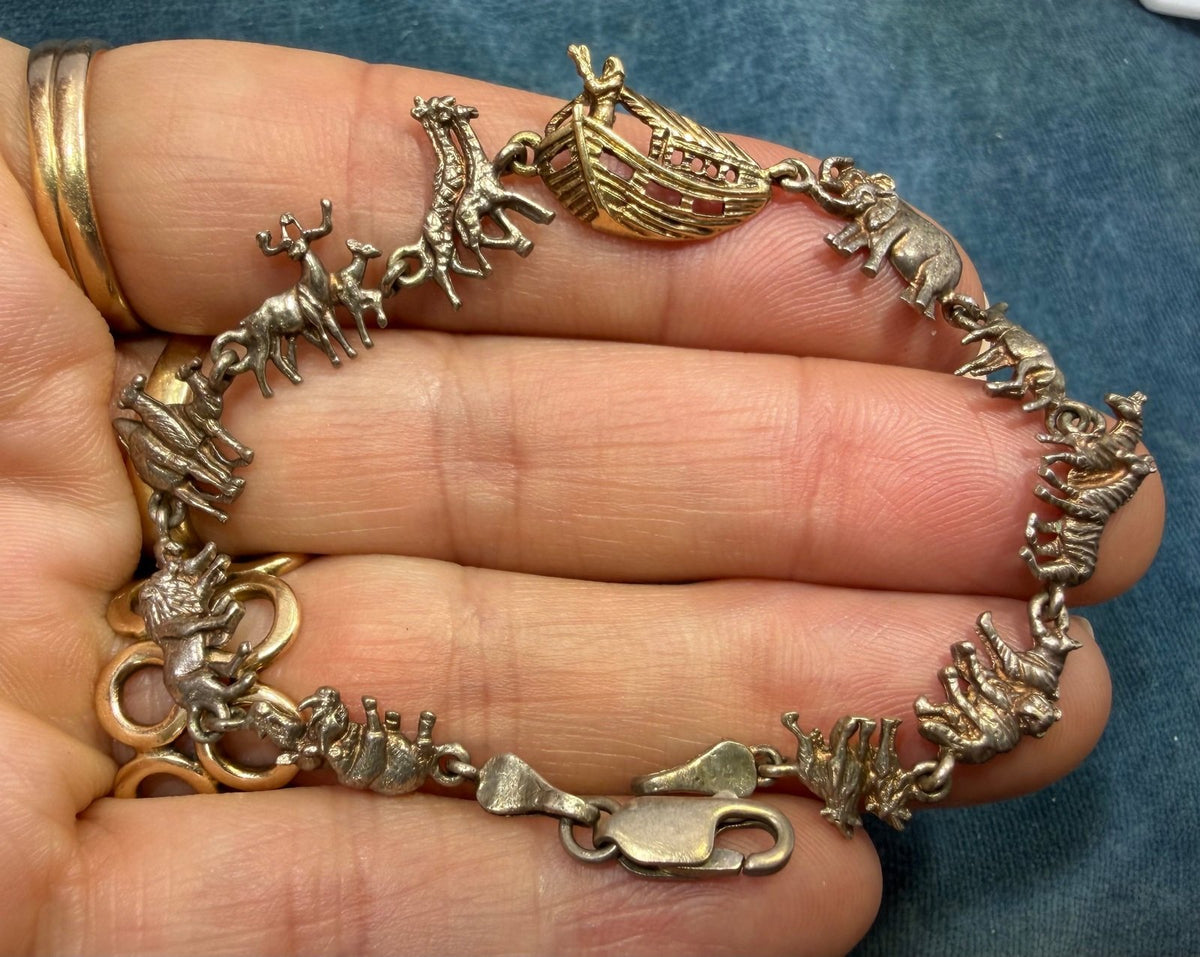 14k Gold + 925 Silver Noah's Ark Bracelet. Lions Giraffes Tigers