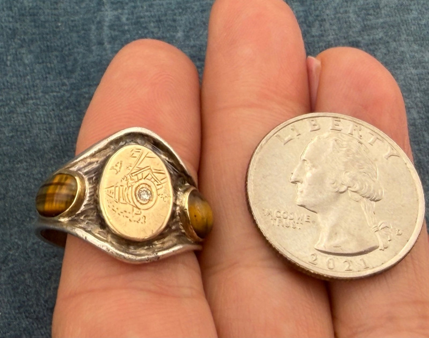14k Gold & 925 Wild West Train Signet Mens Ring w Rose Cut Diamond