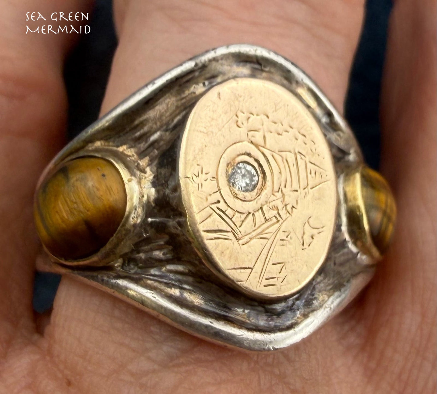14k Gold & 925 Wild West Train Signet Mens Ring w Rose Cut Diamond