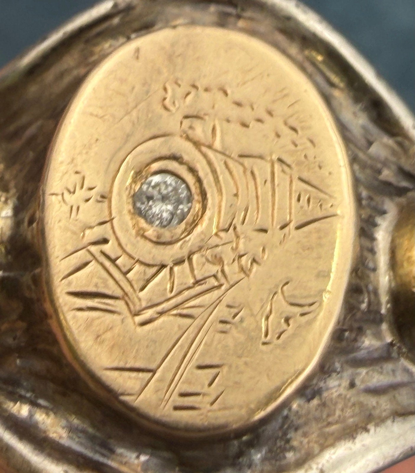 14k Gold & 925 Wild West Train Signet Mens Ring w Rose Cut Diamond