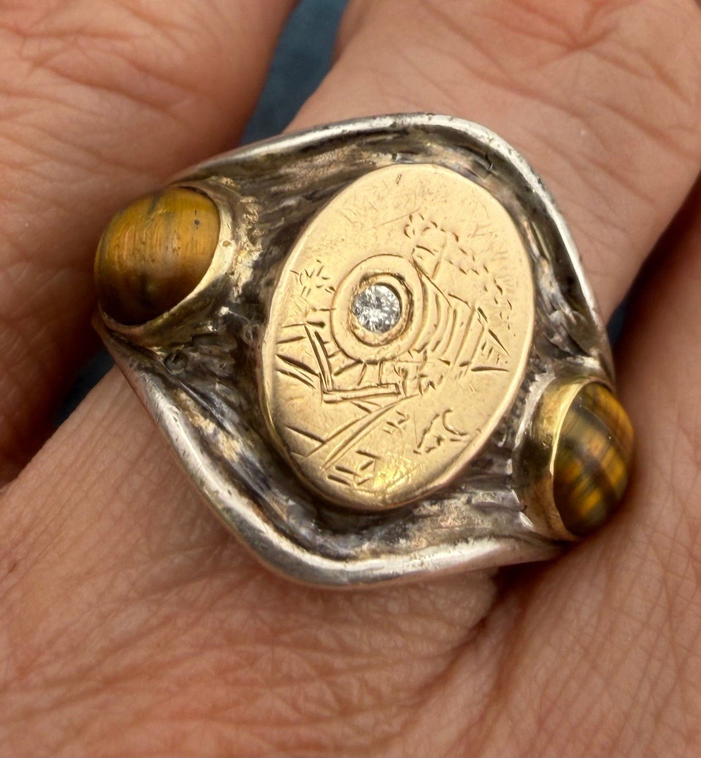 14k Gold & 925 Wild West Train Signet Mens Ring w Rose Cut Diamond