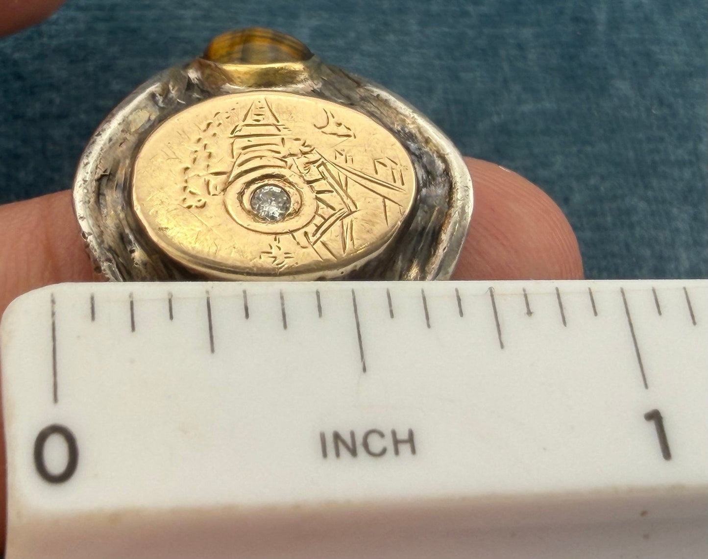 14k Gold & 925 Wild West Train Signet Mens Ring w Rose Cut Diamond