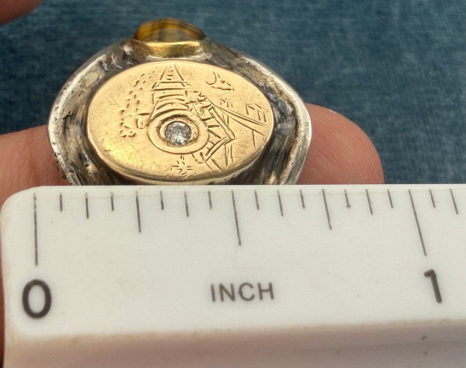 14k Gold & 925 Wild West Train Signet Mens Ring w Rose Cut Diamond