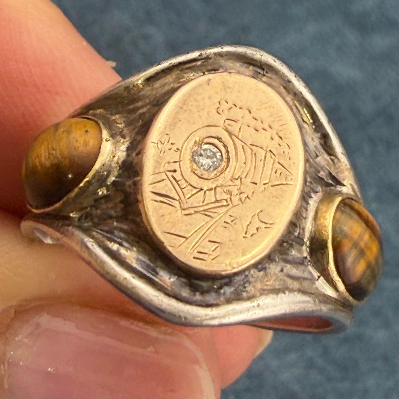 14k Gold & 925 Wild West Train Signet Mens Ring w Rose Cut Diamond