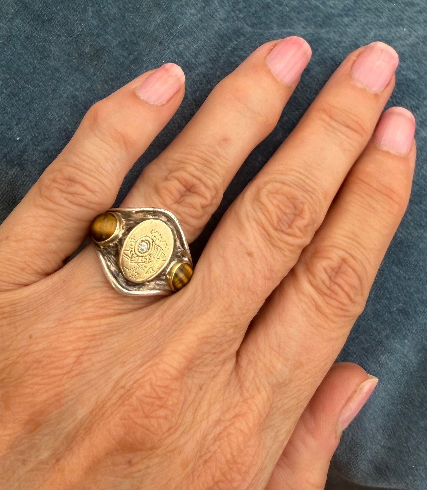 14k Gold & 925 Wild West Train Signet Mens Ring w Rose Cut Diamond