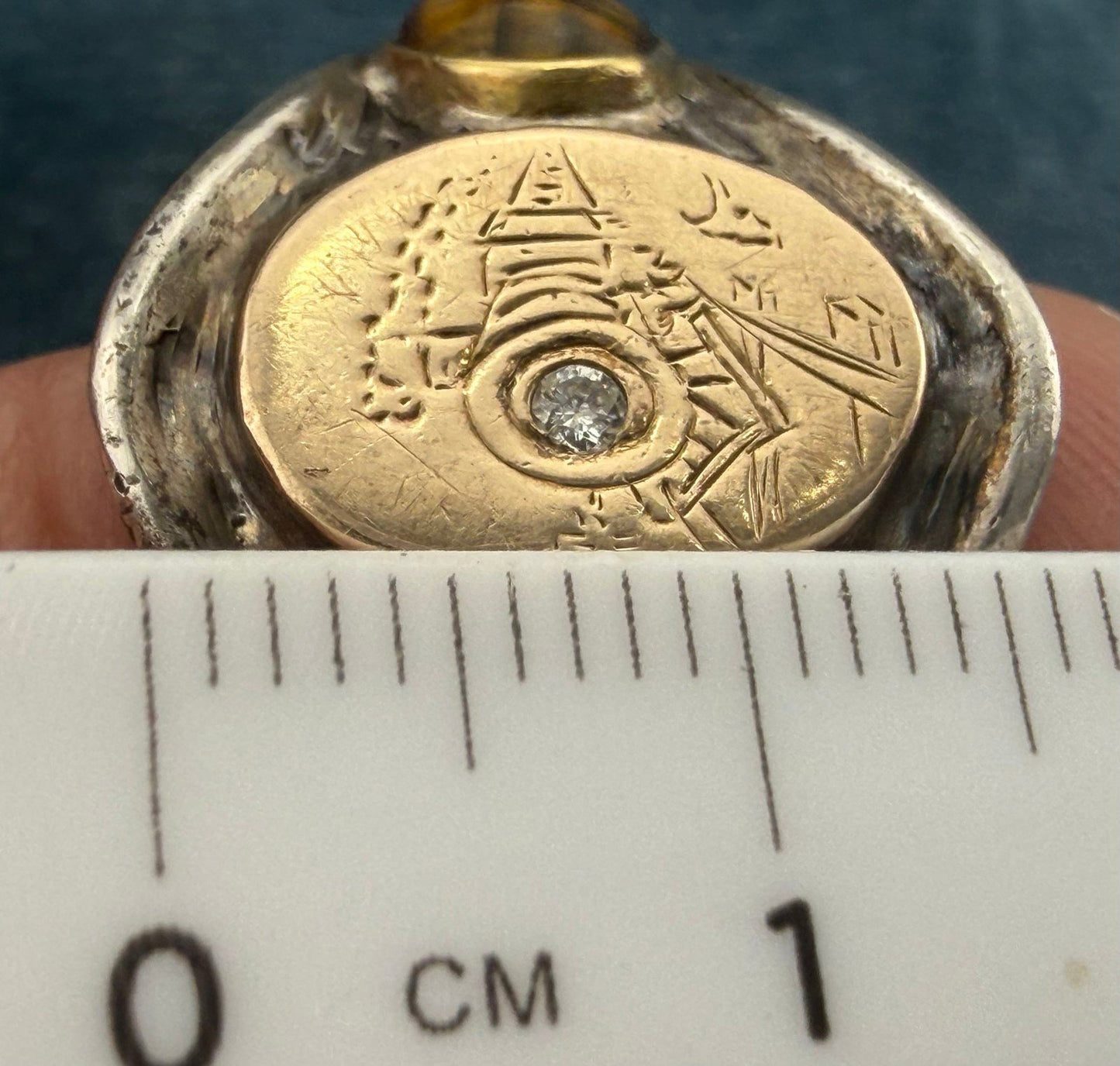 14k Gold & 925 Wild West Train Signet Mens Ring w Rose Cut Diamond