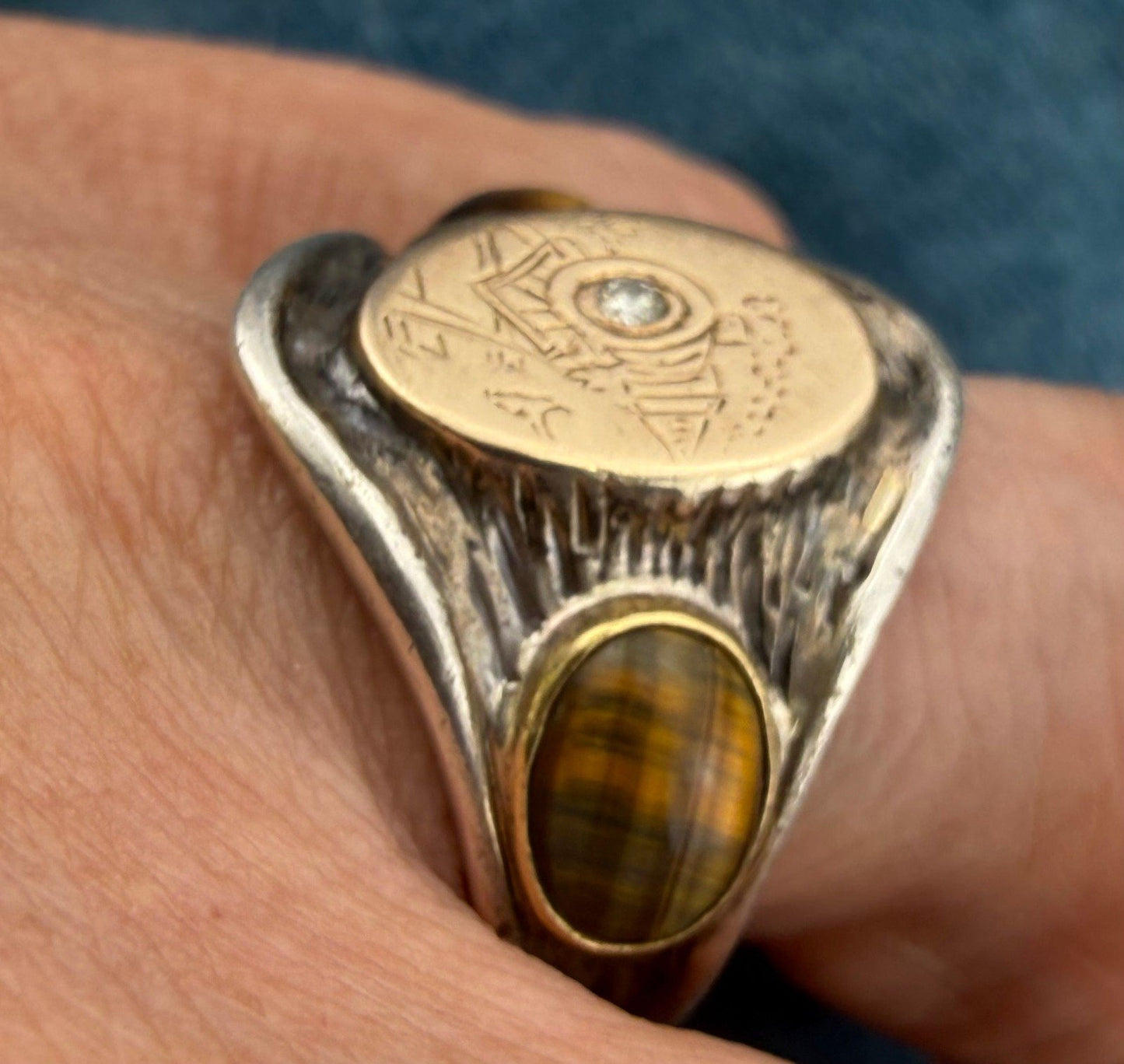 14k Gold & 925 Wild West Train Signet Mens Ring w Rose Cut Diamond