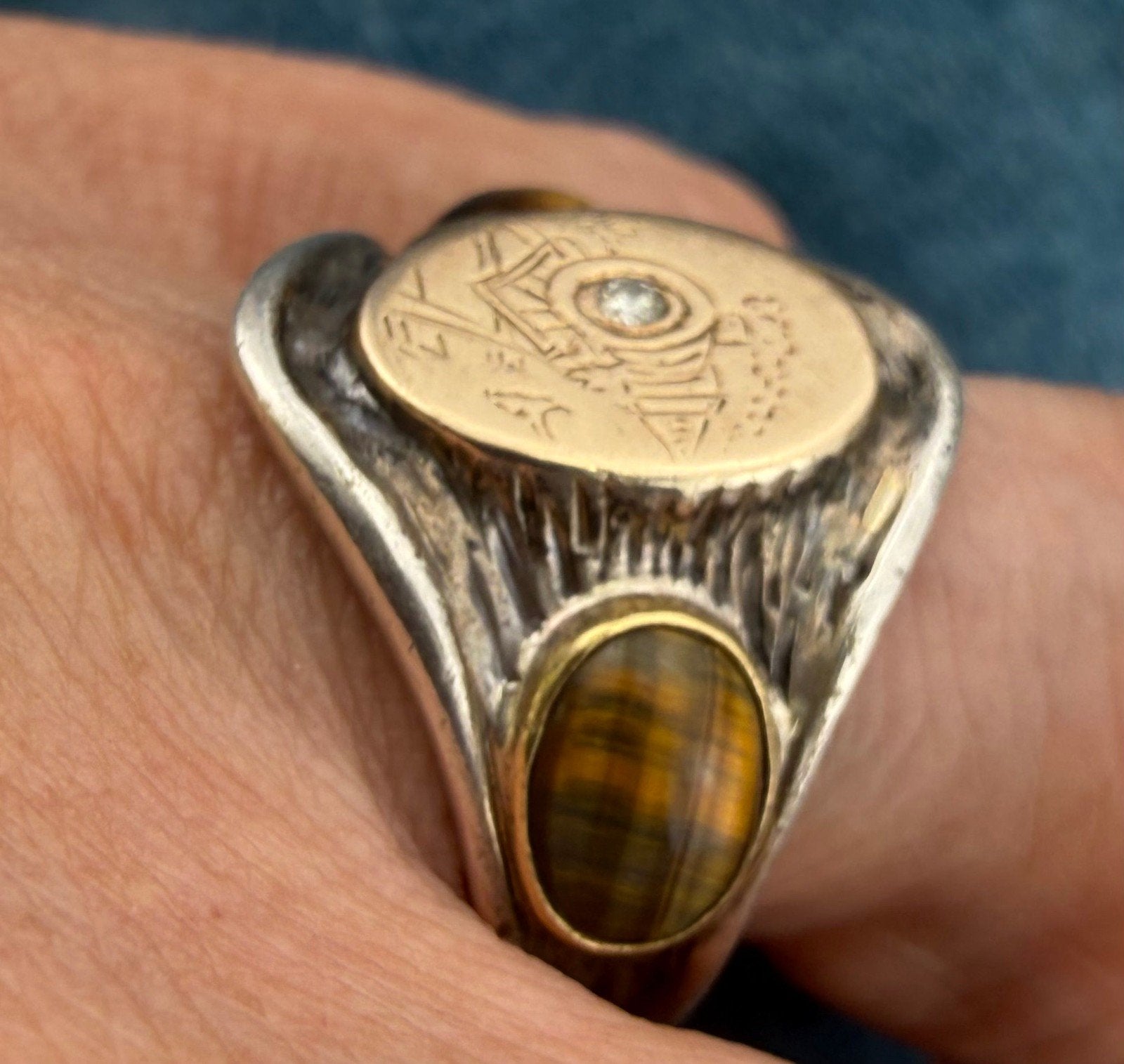 14k Gold & 925 Wild West Train Signet Mens Ring w Rose Cut Diamond