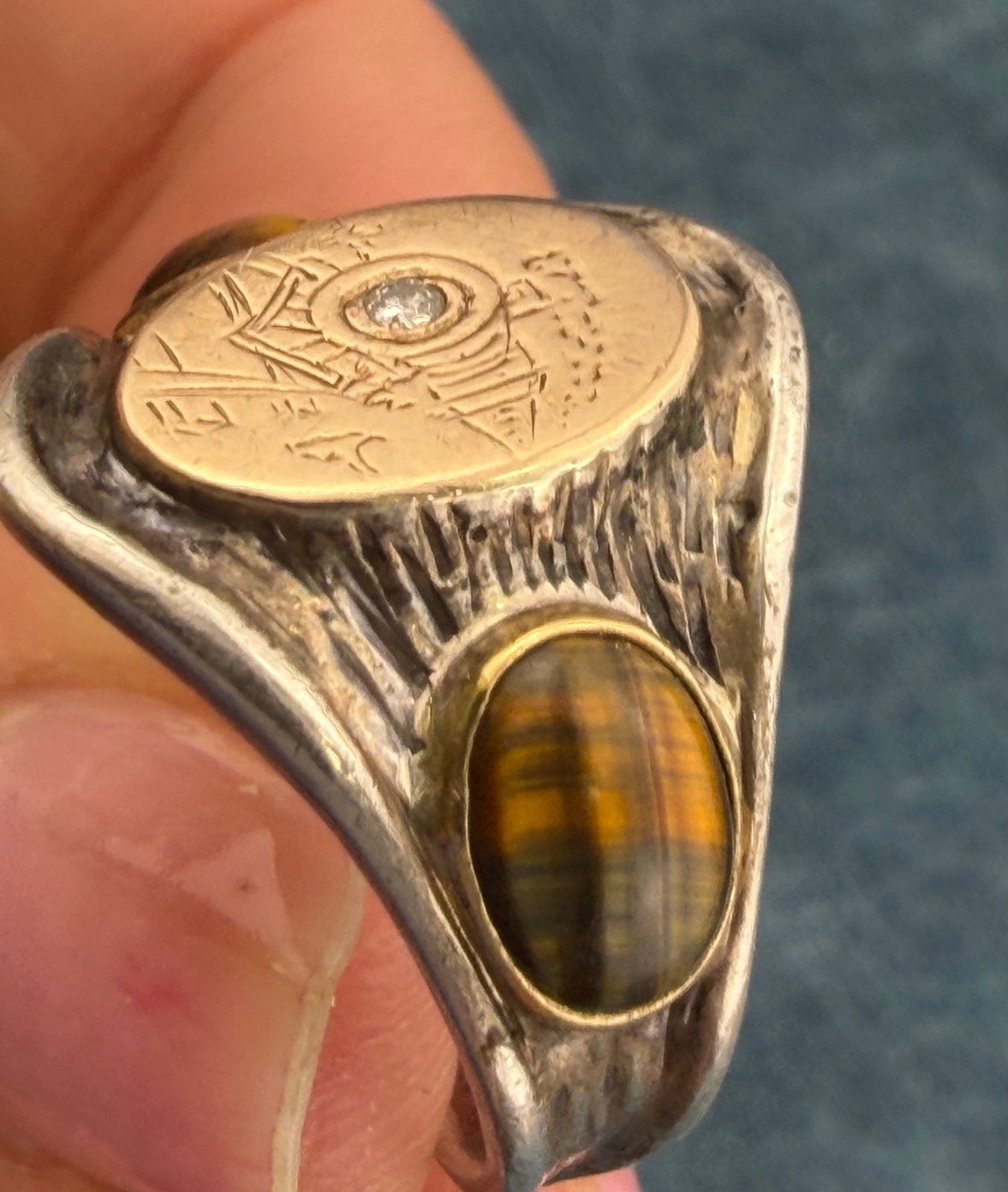 14k Gold & 925 Wild West Train Signet Mens Ring w Rose Cut Diamond