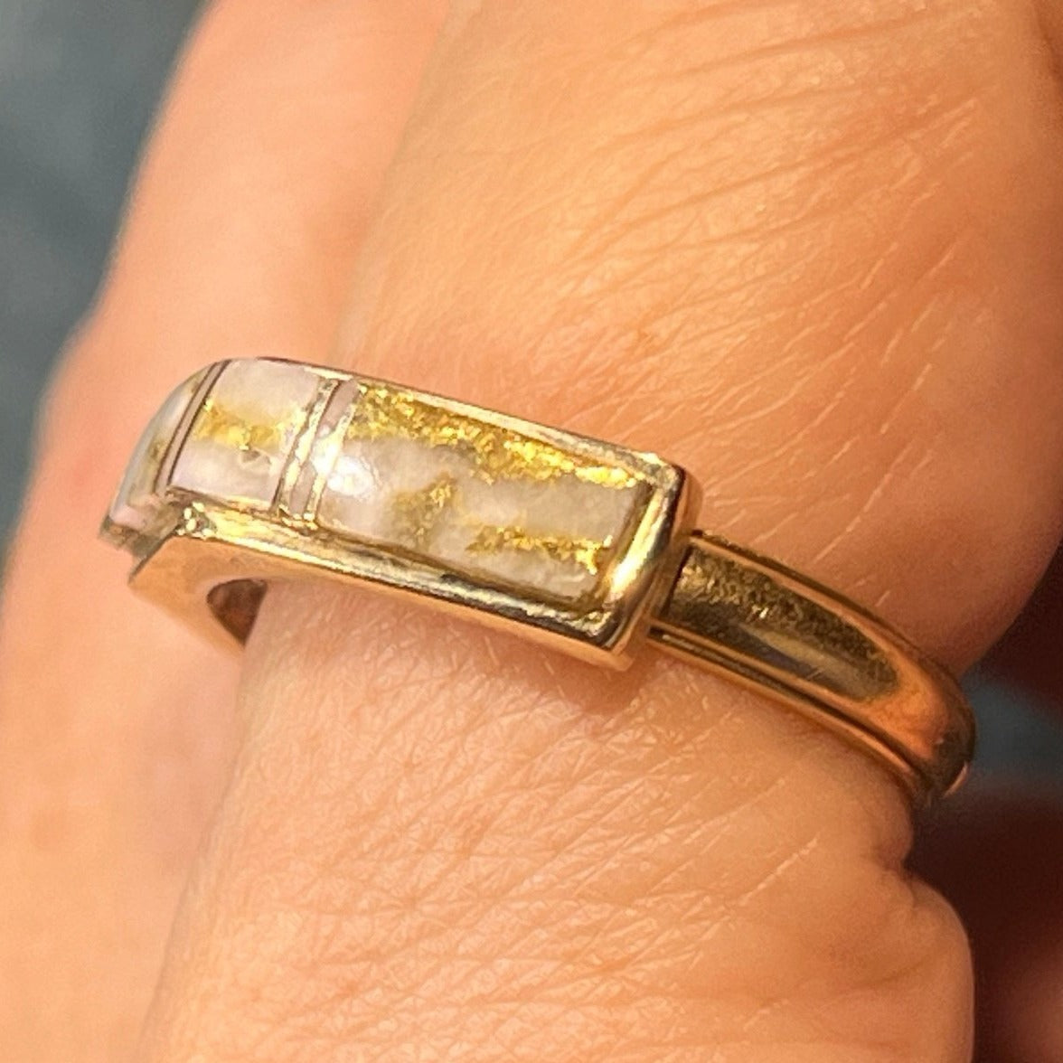 14k Gold ALASKAN GOLD QUARTZ Angled Ring. Wide Band. S