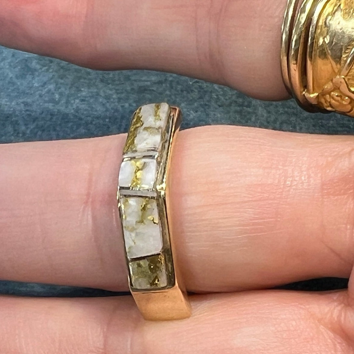 14k Gold ALASKAN GOLD QUARTZ Angled Ring. Wide Band. S